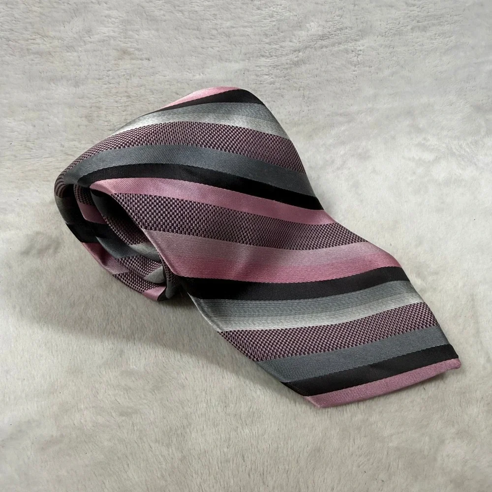 Stafford Essentials Mens Pink Gray Black Striped Polyester Hand Made Necktie